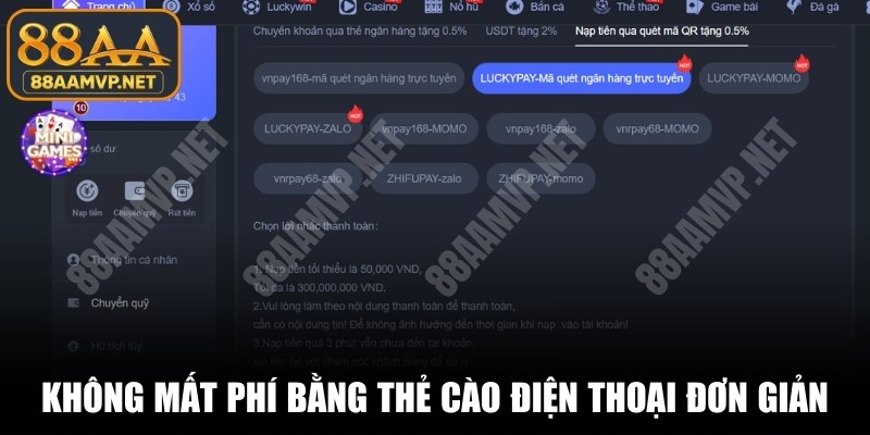 Nạp tiền 88AA MVP bằng thẻ cào điện thoại đơn giản